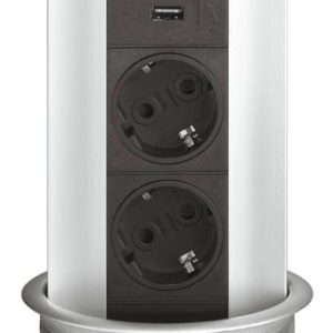 Häfele Steckdosen-Element versenkbar 230 V Aluminium, 2 Schuko-Steckdosen + 1 USB-Ladestation