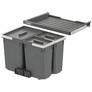 Häfele Dreifach-Abfallsammler CYCLE mit Auszugablage, Korpusbreite 600 mm – 2 x 12l + 1 x 26l