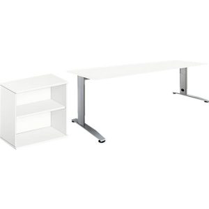 2 tlg. Büromöbel-Set Schäfer Shop Select Login, Schreibtisch, B 1600 mm, weiß/weißaluminium RAL 9006 + Anstell-/Aufsatz-Regal 2OH in Weiß