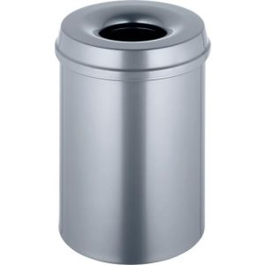 Abfallsammler, für den Innen- & Außenbereich, Volumen 15 l, selbstlöschender Deckel, Ø 255 x H 300 mm, Metall, silber/silber