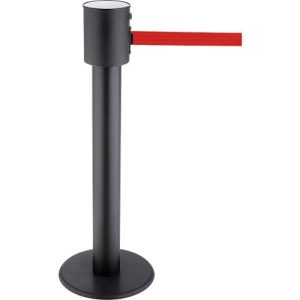 Absperrpfosten RS-Guidesystems® GLA 200, schwarz, Gurtband rot & ausziehbar bis 20 m, Ø 350 x H 1000 mm, Metall lackiert & Kunststoff