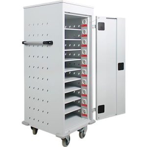 ADB Laptopwagen, 10 Fächer, Stromversorgung, Zylinderschloss, B 530 x T 500 x H 1250 mm, lichtgrau RAL 7035