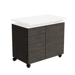 Anstellcontainer SOLUS PLAY, 4 Schübe, 1 Flügeltür, B 800 x T 500 x H 720 – 1080 mm, Mooreiche