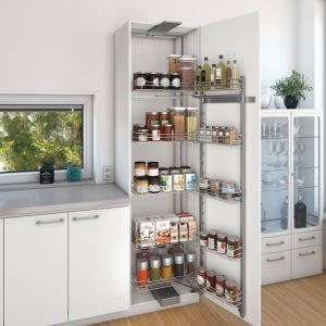 Häfele Hochschrank-Innenauszug mit Türregal, Gitter oder Tablarboden und Dämpfung, Set mit Drahtkörben – verchromt