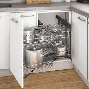 Häfele Eckschrank Drehauszug mit Dämpfung, Tragkraft 30 kg, Drahtkörbe verchromt – nach rechts ausschwenkend