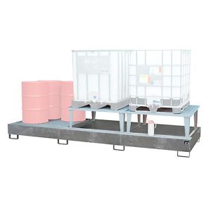 Auffangwanne Bauer AWA 32, Stahl, feuerverzinkt, L 3850 x B 1460 x H 780 mm, 1000 l, für 3 x 1000 l IBC, 2 Abfüllaufsätze, 1 Gitterost