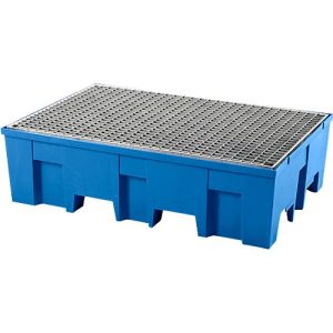 Auffangwanne, für 2 Fässer à 200 l, unterfahrbar, B 865 x T 1245 x H 350 mm, mit verzinktem Gitterrost, Polyethylen, blau