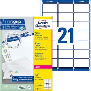 Avery Zweckform Adressetiketten L7160-100, mit ultragrip, geeignet für Laserdrucker, 63,5 x 38,1 mm, 2100 Stück/100 A4-Bogen, 100 % FSC®-Papier, weiß