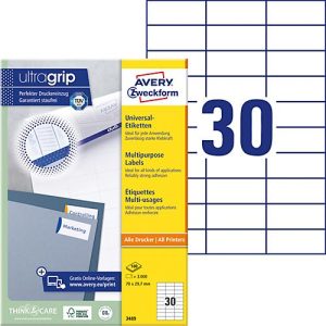 Avery® Zweckform Etiketten 3489, A4, universell, permanenthaftend, ultragrip, druckergeeignet, FSC®-Papier, rechteckig, weiß, 3000 Stück auf 100 Bogen