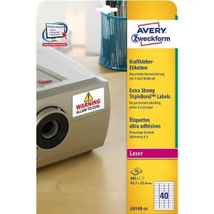 Avery Zweckform Etiketten L6140-20, extra stark haftend, geeignet für Laserdrucker, 45,7 x 25,4 mm, 800 Stück/20 A4-Bogen, Polyesterfolie, weiß
