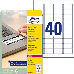 Avery Zweckform Etiketten L6145-20, fälschungssicher, extrem robust, geeignet für SW-Laserdrucker, 45,7 x 25,4 mm, 800 Stück/20 A4-Bogen, Acrylfolie, weiß