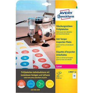 Avery Zweckform Prüfplakette L7805-10, fälschungssicher, extrem robust, geeignet für Laserdrucker, Ø 20 mm, 480 Stück/10 A4-Bogen, Folie, weiß