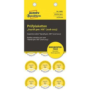 AVERY® Zweckform Prüfplaketten „Geprüft gem. VDE“, 2018-2023, abziehsichere Folie, gelb, Ø 20 mm