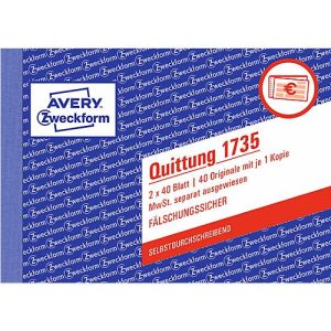 Avery Zweckform Quittungsblock 1735-5, A6 quer, 2 x 40 Blatt, 4er Pack + 1 gratis