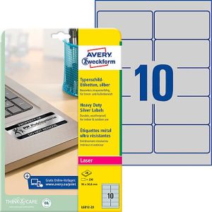 Avery Zweckform Typenschildetiketten L6012-20, extrem robust, geeignet für SW-Laserdrucker, 96 x 50,8 mm, 200 Stück/20 A4-Bogen, Polyesterfolie, silber Avery Zweckform Typenschildetiketten L6012-20, extrem robust, geeignet für SW-Laserdrucker, 96 x 50,8 mm, 200 Stück/20 A4-Bogen, Polyesterfolie, silber