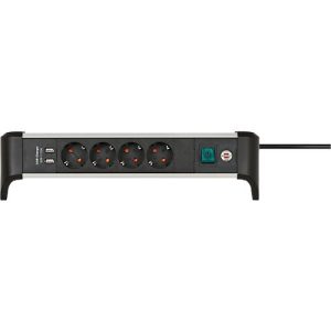 Brennenstuhl Alu-Office-Line 4-fach-Steckdosenleiste, mit USB-Ladefunktion, 45°-Anordnung, Aluminium, 1,8 m Kabel, L 390 x B 90 x T 105 mm, schwarz/silber
