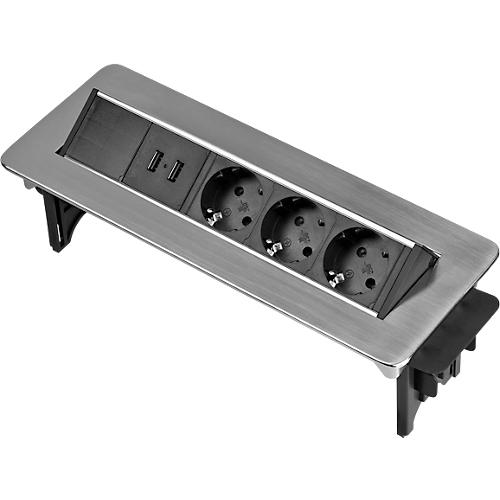 Brennenstuhl Indesk Power USB-Charger, 3 Schutzkontakt-Steckdosen, 2 USB-Ladebuchsen, versenkbar, 2 m Kabel, silber/schwarz