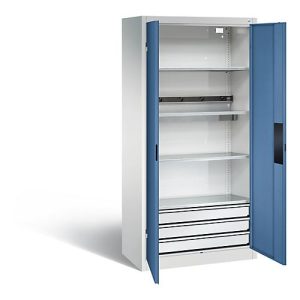 C+P Akkuladeschrank Basic mit Vollblechtüren und Schubladenblock, H 1950 x B 930 x T 500 mm, Lichtgrau/Rubinrot