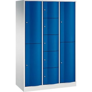C+P Kombi-Schließfachschrank Resisto, 3 Abteile, 9 Fächer, B 1148 x T 540 x H 1950 mm, Lichtgrau/Lichtblau