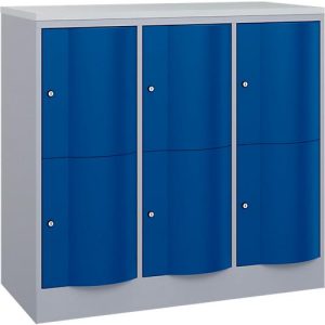 C+P Schließfachschrank Resisto, 3 Abteile, 6 Fächer, B 1148 x T 540 x H 1077 mm, Weißalu/Enzianblau