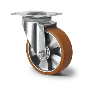 CASCOO Lenkrolle BAU5, mit Rad-ø 125 mm x B 50 mm, Aluminium-Felge, Polyurethan-Lauffläche, braun, Doppelkugellager, bis 500 kg