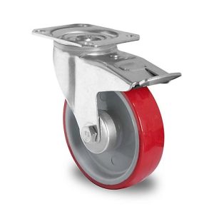 CASCOO Lenkrolle N2U6, mit Totalfeststeller, Rad-ø 200 mm x B 48 mm, Polyamid-Felge, Polyurethan-Lauffläche, rot, Rollenlager, bis 350 kg