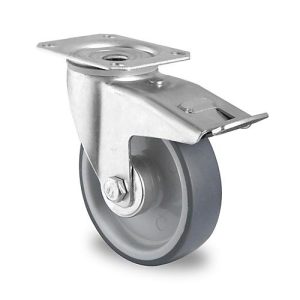 CASCOO Lenkrolle P2V2, mit Totalfeststeller, Rad-ø 80 mm x B 32 mm, Polypropylen-Felge, Elastomer-Lauffläche, grau, Rollenlager, bis 80 kg