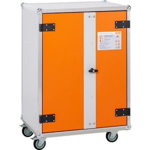 CEMO Akku-Ladeschrank Basic 8/10, 3-phasig, 2 x 6-fach Steckdosenleisten, belüftet, 2 Rauchmelder, mit Rollen, B 800 x T 660 x H 1150 mm, lichtgrau/reinorange
