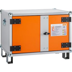 CEMO Akku-Ladeschrank Basic 8/5, 1-phasig, 6-fach Steckdosenleiste, belüftet, 2 Rauchmelder, mit Stapelfüßen, B 800 x T 660 x H 620 mm, lichtgrau/reinorange