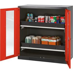 Chemikalienschrank Asecos CS-CLASSIC-G, Flügeltür m. Glasauschnitt, 2 Auszugswannen, 1055x520x1105 mm, verkehrsrot