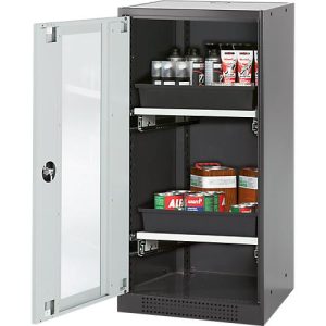 Chemikalienschrank Asecos CS-CLASSIC-G, Flügeltür und Glasausschnitt, 2 Auszüge, H 1105 mm, lichtgrau