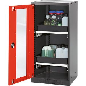 Chemikalienschrank Asecos CS-CLASSIC-G, Flügeltür und Glasausschnitt, 2 Auszüge, H 1105 mm, verkehrsrot