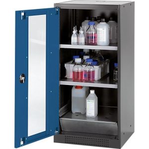 Chemikalienschrank Asecos CS-CLASSIC-G, Flügeltür und Glasausschnitt, 2 Böden, H 1105 mm, enzianblau