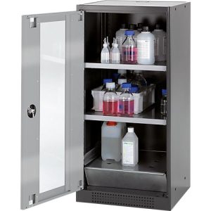 Chemikalienschrank Asecos CS-CLASSIC-G, Flügeltür und Glasausschnitt, 2 Böden, H 1105 mm, silber