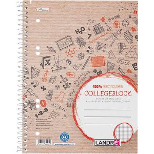 Collegeblock LANDRÉ Recycling, 80 Blatt, DIN A5+, 70 g/m², 6-fach gelocht, Spiralbindung, OPTIK PAPER®, kariert, Rand links, mehrfarbig