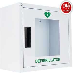 Defibrillator-& AED Wandkasten Medx5, für den Innenbereich, universell für alle Marken-Defibrillatoren, Drehverschluss, akustischer Alarm, mit Standortaufkleber, Metall, weiß