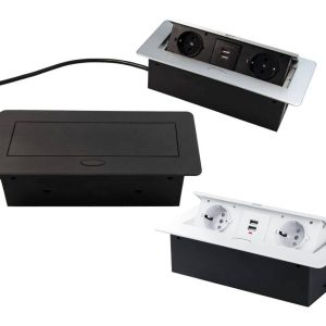 Design Light Steckdosen-Element KOMBIBOX mit Klappdeckel 2 Schuko-Steckdosen und 2 USB-B, schwarz