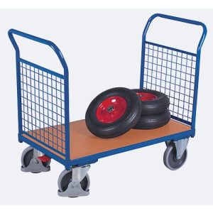 Doppel-Stirnwandwagen, Stahl/MDF-Platte, Enzianblau/Buche-Dekor, L 850 x B 500 mm, Stirnwände aus Drahtgitter, TPE-Rollen mit EasySTOP, bis 400 kg