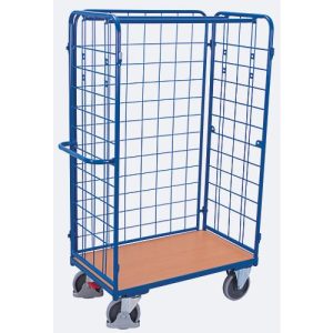 Dreiwandwagen, Stahl/MDF-Platte, Enzianblau/Buche-Dekor, L 1200 x B 800 mm, Nutzhöhe 1525 mm, einhängbare Längswand, EasySTOP, bis 500 kg