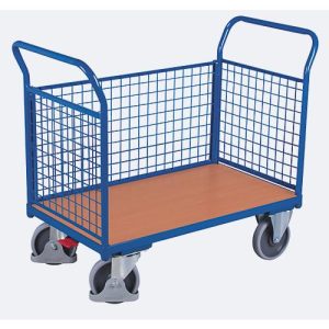 Dreiwandwagen, Stahl/MDF-Platte, Enzianblau/Buche-Dekor, L 850 x B 475 mm, herausnehmbare Längswand, TPE-Rollen mit EasySTOP, bis 400 kg
