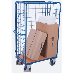 Dreiwandwagen, Stahl/MDF-Platte, Enzianblau/Buche-Dekor, L 850 x B 500 mm, Nutzhöhe 1525 mm, einhängbare Längswand, EasySTOP, bis 400 kg