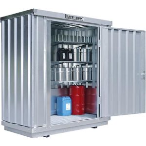 Einzel-Container Säbu SAFE TANK 300, für aktive Lagerung, Volumen 275 l, mit explosionsgeschütztem Lüfter, Auffangwanne & Gitterrost, B 2100 x T 1140 x H 2300 mm, silber