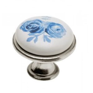 Gedotec Möbelknopf OLGA aus Porzellan & Metall, Ø 26,5 mm, Silber antik / Blaue Rose