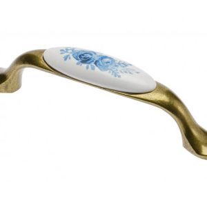 Gedotec Möbelgriff OLGA aus Porzellan & Metall, BA 96 mm, Messing antik / Blaue Rose