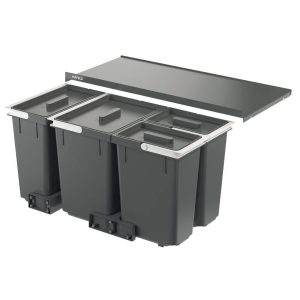 Häfele Vierfach-Abfallsammler CYCLE mit Ablage, Korpusbreite 900 mm – 2 x 7l + 1 x 11l + 1 x 16l