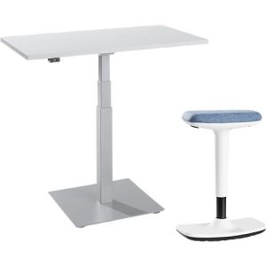 2-tlg. Büromöbel-Set, Monosäulen-Beistelltisch Start Off, elektrisch höhenverstellbar, lichtgrau/weißaluminium