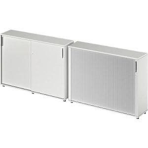 2-tlg. Büromöbelset Schäfer Shop Genius TETRIS WOOD, lichtgrau, Querrollladenschrank, B 1200 mm, 3 OH + Schiebetürenschrank, B 1200 mm, 3 OH