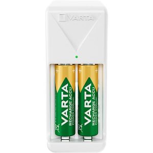 Akkuladegerät Varta Mini, 2x AA/AAA, Ladezeit 4,5 h, EU-Stecker, 100-240 h, inkl. 2 AA-Akkus, B 43 x T 63 x H 103 mm, weiß