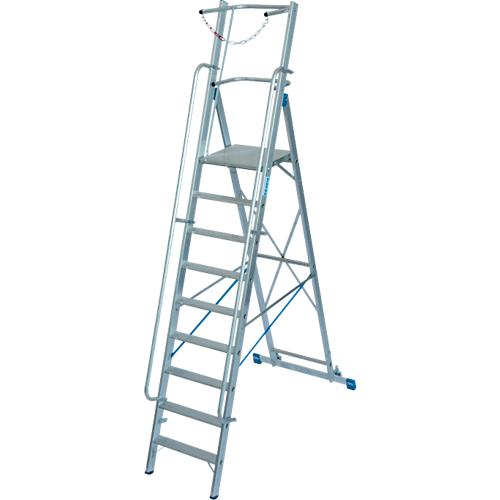 Alu-Stufen-Stehleiter, mit großer Standplattform, mit Sicherheitsbügel und Kette, 9 Stufen