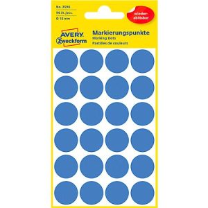 Avery Markierungspunkte 3595, wiederablösbar, 96 Stück, Ø 18 mm, blau